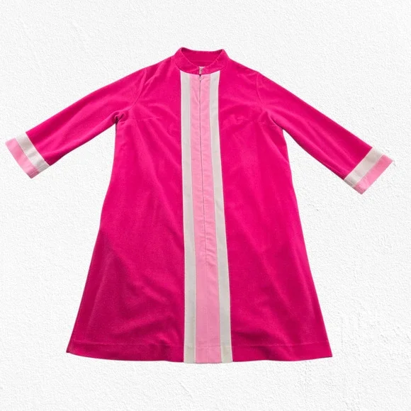 Vintage 60s Vanity Fair Pink Mod Zip Robe Colorblock Housecoat Robe Size XL